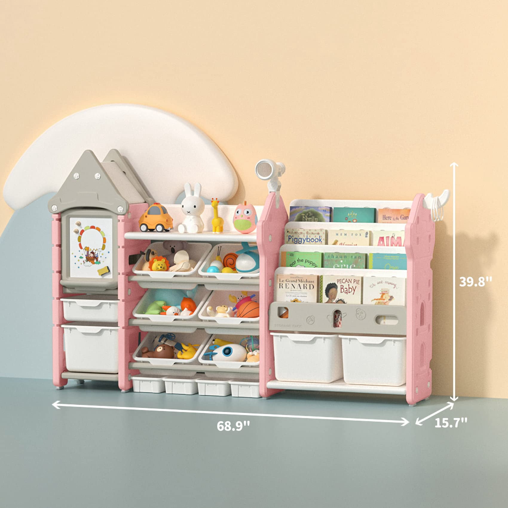 UNICOO® Kids Toy Storage Organizer and Children Bookshelf, with 14 Bins, Pull-Out Drawers Multipurpose Shelf for Toddlers to Organize Toys and Books (Magic Castle ? Pink)