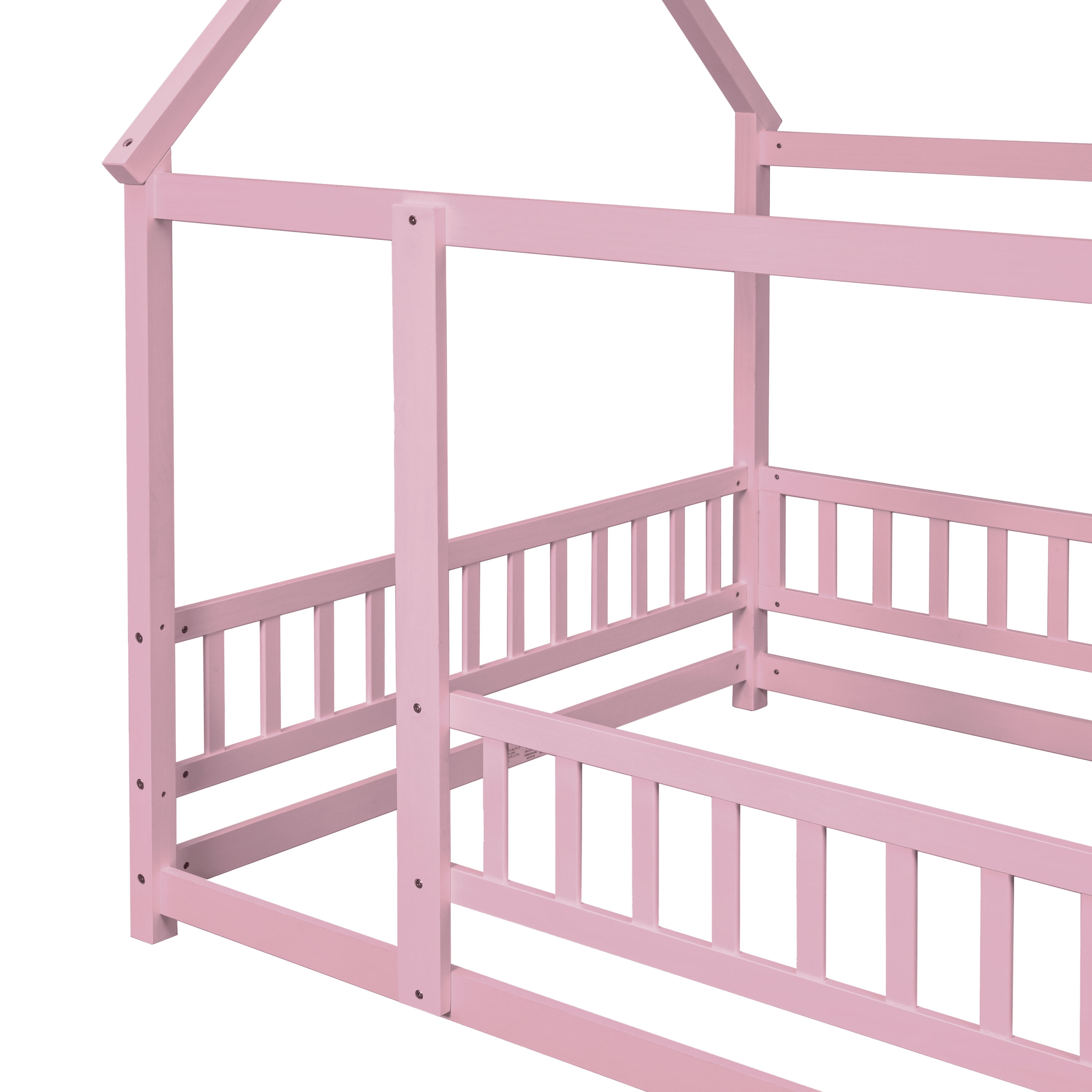 Miniyam Full Size Toddler Bed , Wood Floor House Bed with Rail for Kids, Pink