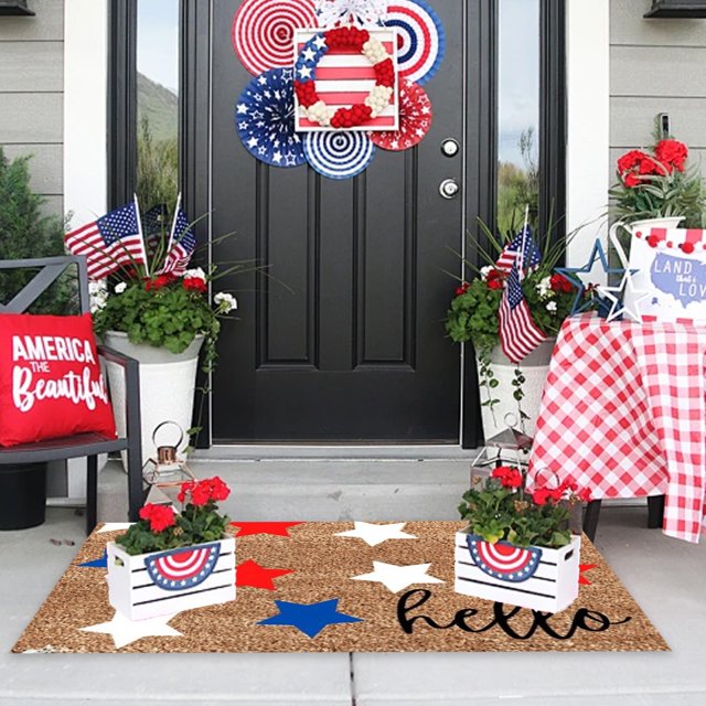 Decoraciones para el Día de los Caídos, decoraciones para el 4 de julio, felpudo de bienvenida del 4 de julio, felpudo de poliéster con diseños de letras, alfombra antideslizante para interior y exter