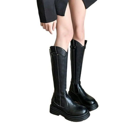 

SIMANLAN Women Fashion Tall Boot Comfort Round Toe Knee High Shoes Office Chunky Heel Riding Boots Black Plush Lining 4.5