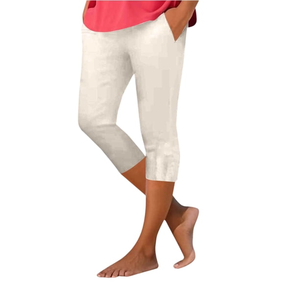 ASDFVBKG Women Skinny Capri Leggings Knee Length Elastic Waisted Tummy Control Capris Pants with Pockets Cropped Cozy Fashion Workout Yoga Leggings White M