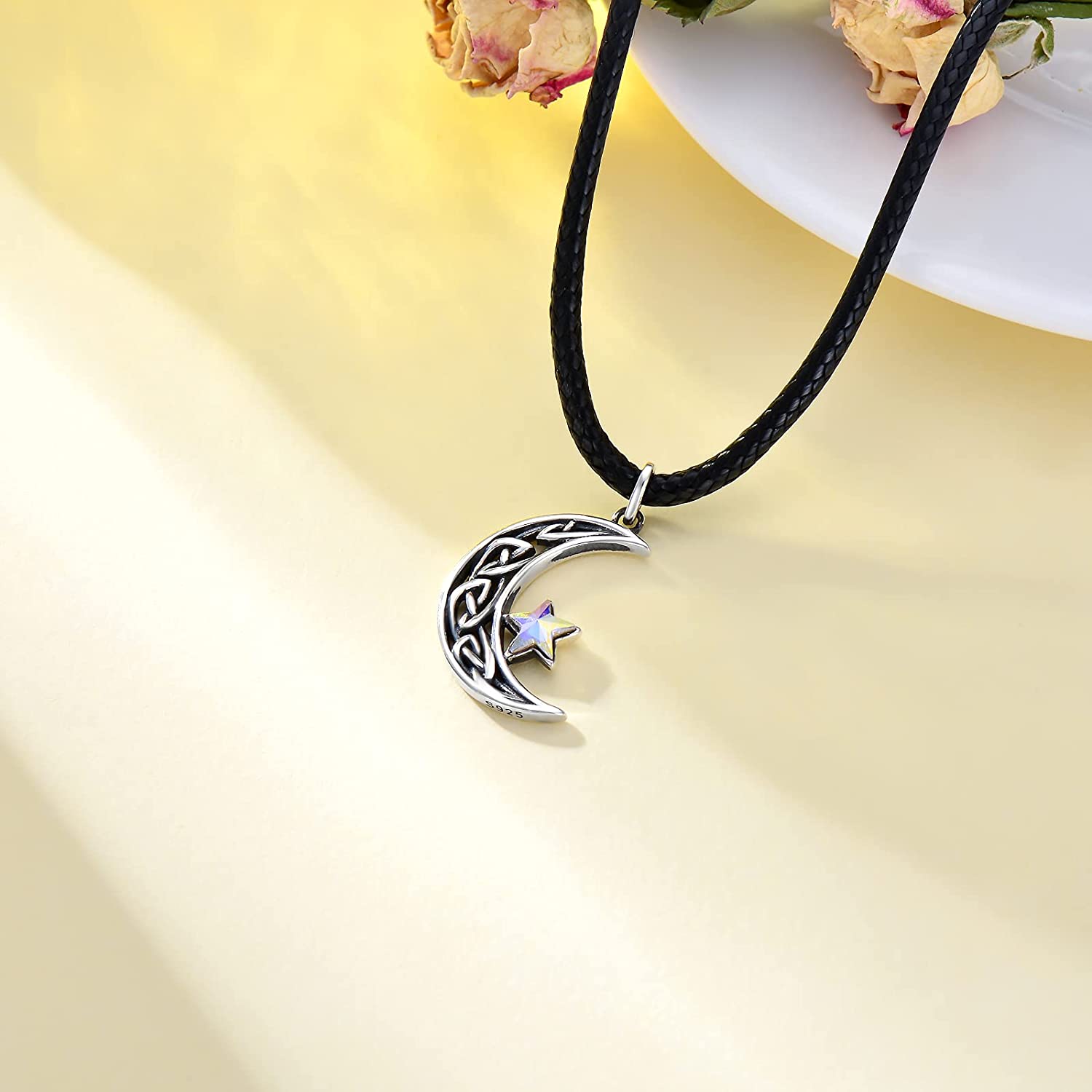 AOBOCO Sterling Silver Crescent Necklace with Leather Chain Anniversary Birthday Mothers Day Gifts Jewelry Gifts for Women
