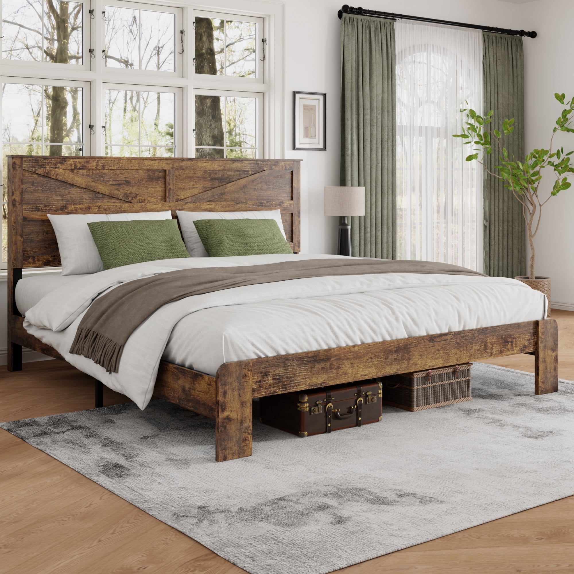 King Size Farmhouse Wooden Bed Frame with Headboard, Boho Platform Bedframe Sturdy Metal Slats Support, No Spring Mattress , Silent Operation, Easy Assembly (King, Brown)