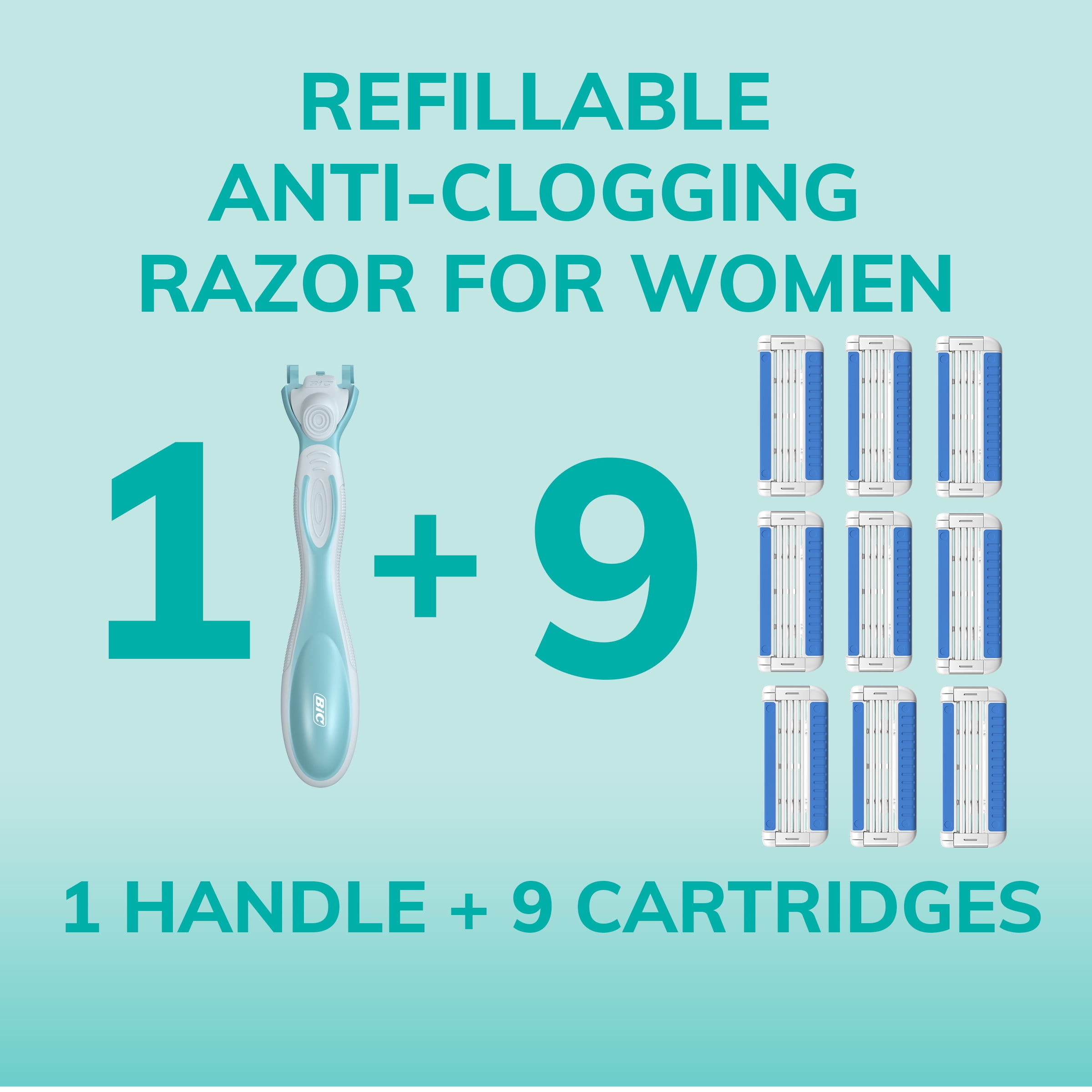 BIC EasyRinse Anti-Clogging Refillable Razors, Women's, 4-Blade, 1 Handle and 9 Refill Cartridges