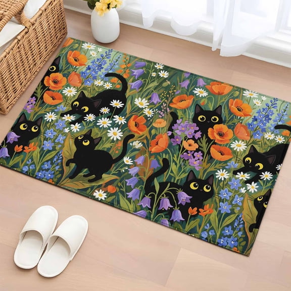 Spring Floral Entryway Rug 2'x3' Non Slip Front Door Mats, Cat Summer Botanical Flowers Entrance Rugs Indoor Outdoor Carpet, Washable Floor Mats Small Area Rug for Bedroom Kitchen