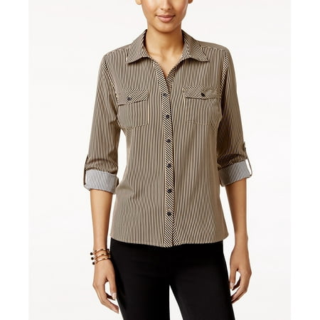 NY Collection Petite Printed Utility Shirt Cuban Stripe PXS