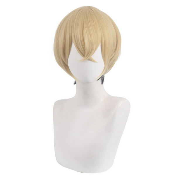 Peluca corta para cosplay de anime, rubia y negra degradada, 28 cm