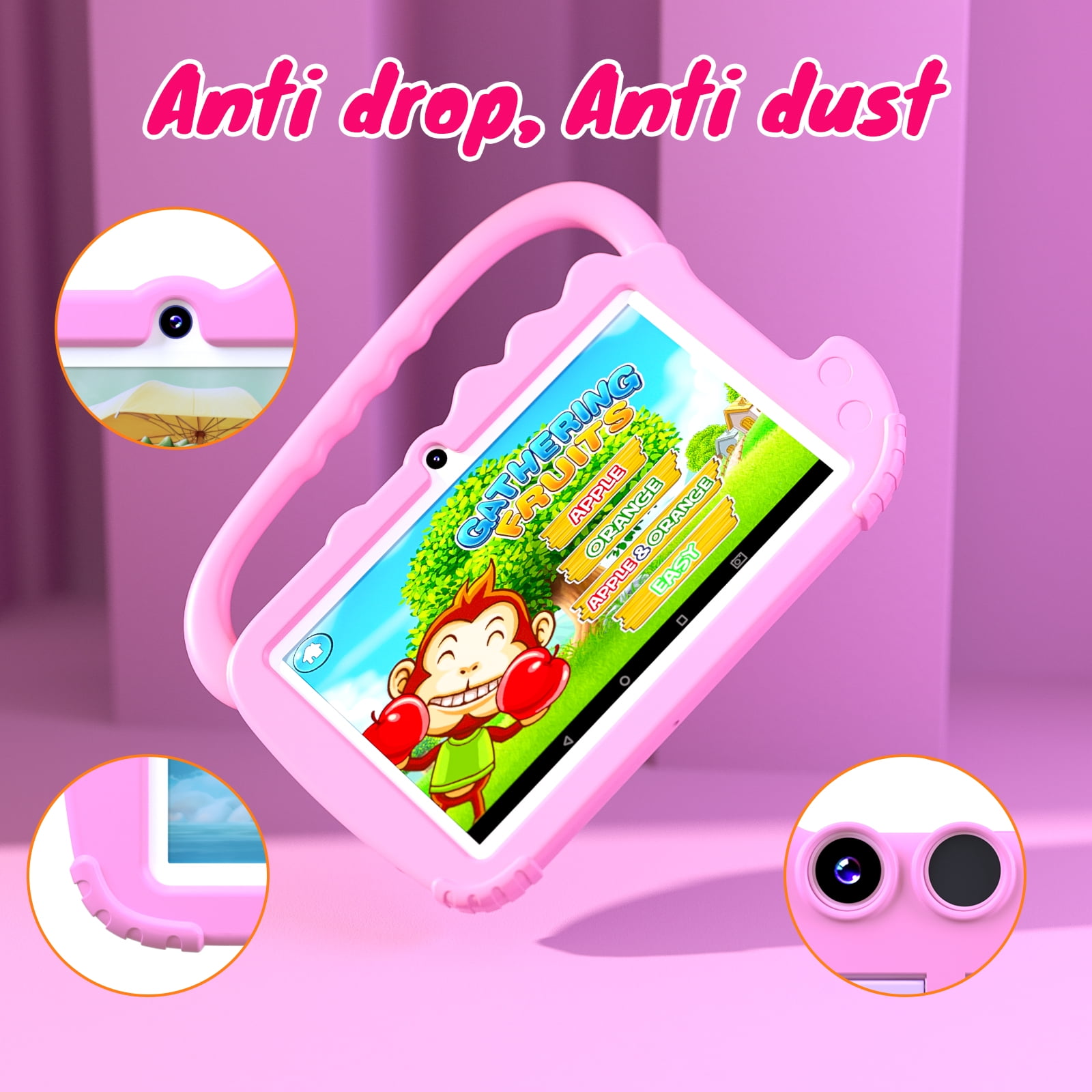 Kids Tablet 7 inch Android 12 Tablet for Kids, 4GB RAM 32GB ROM Quad Core Toddler Tablet with Shockproof Case, Parental Control, WiFi, BT, 3000mAh Battery, Dual Camera, Educational, Games, Pink