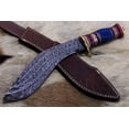 thumbnail image 4 of 15 Inches Long Hand Forged triple layered Damascus Steel Kukri Knife, 10" Long Blade, Custom Made Hand Crafted Scale with Engraved Brass & 2 tone blue wood, Includes Cow Hide Leather Sheath, 4 of 6