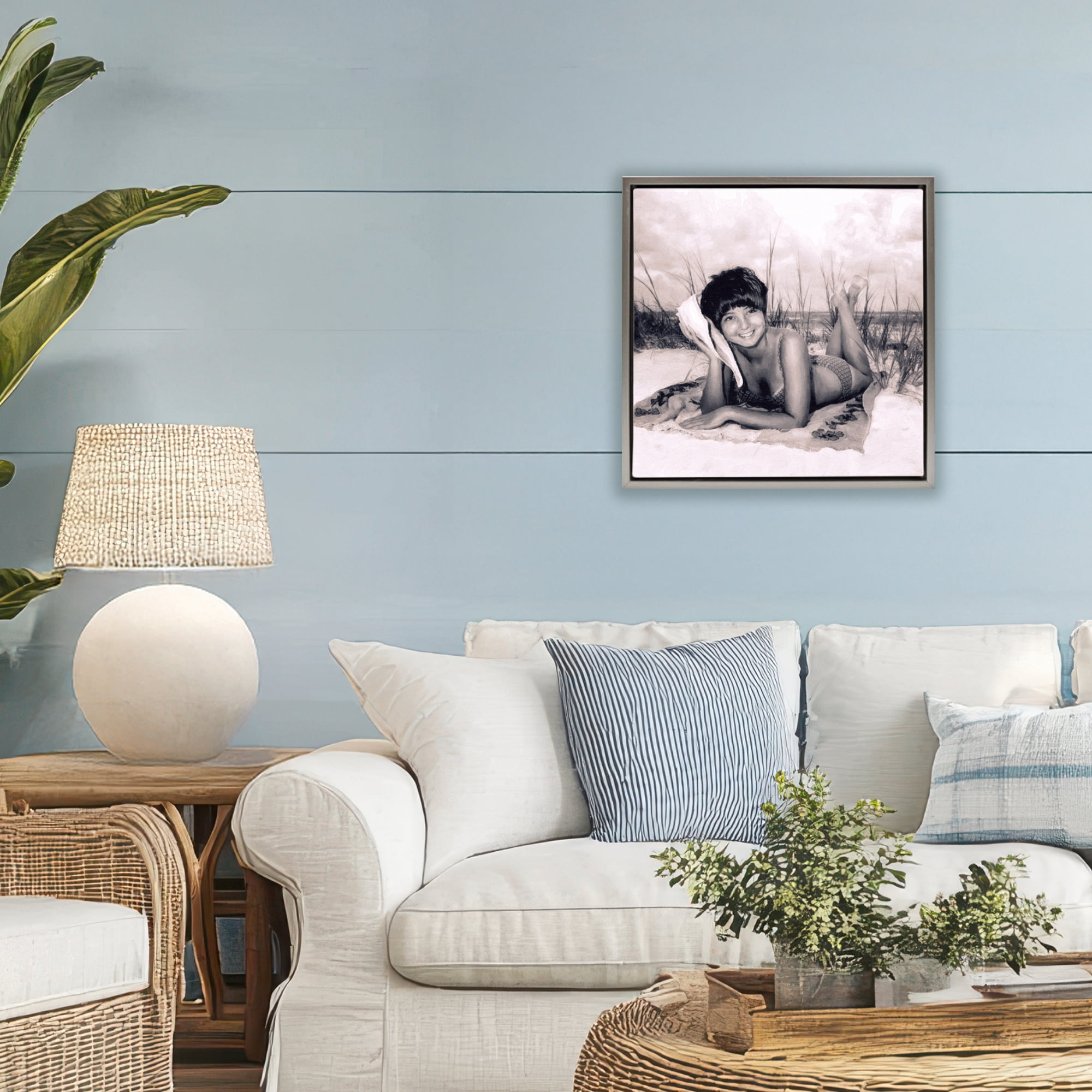 Stupell Industries Vintage Summer Girl with Conch Gray Framed Floater Canvas Wall Art, design by Grotto Studios