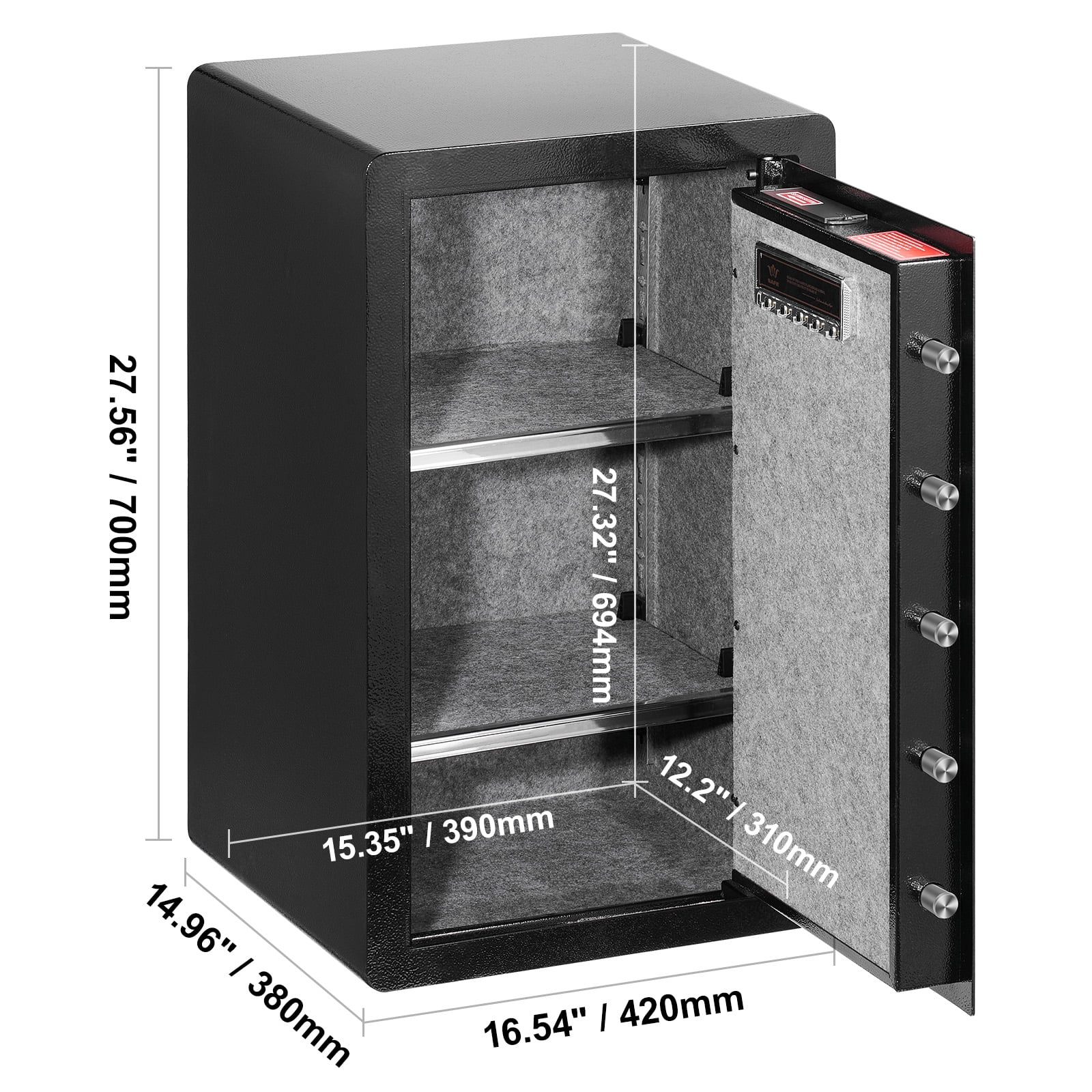 KFFKFF Single Door 4.0 cu.ft Security Safe, Key, Password & Fingerprint Access, Includes Fireproof Bag, Key Organizer, LED, 2 Shelves - Ideal for Cash, Papers, Jewelry, Black