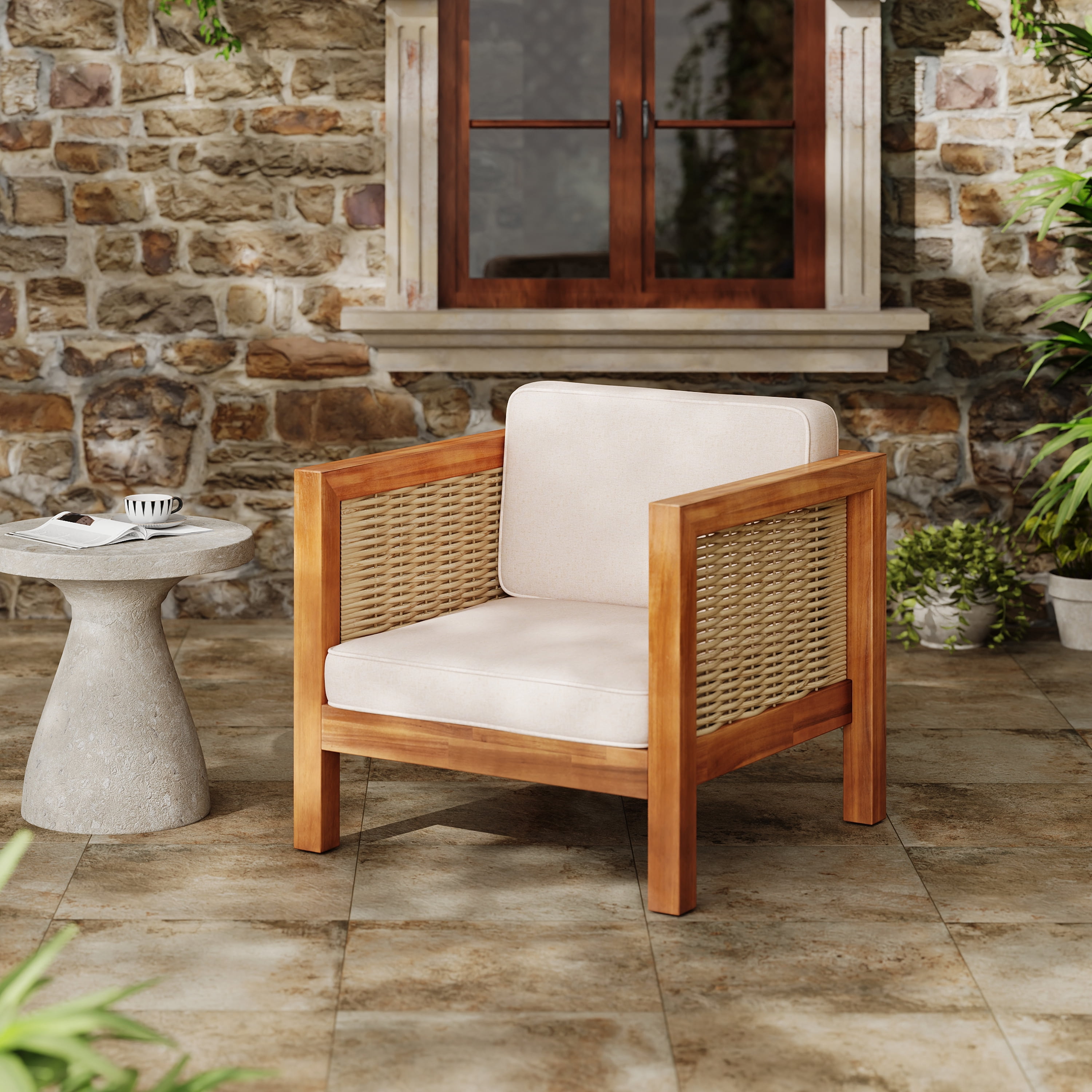 Acacia Wood Outdoor Club Chair with Wicker Armrest and Beige Cushions for Patio Garden Deck, Teak