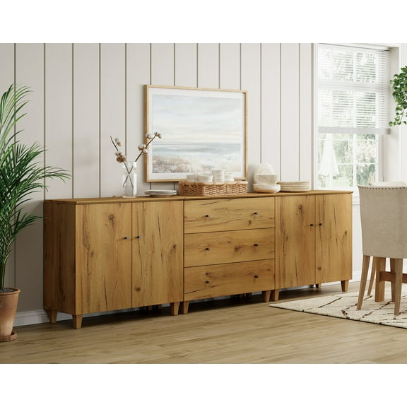 WAMPAT Sideboards Buffet Cabinet, 3-in-1 Wood Wide Credenza Storage Cabinet with 4 Doors and 3 Drawers, Modern Kitchen Coffee Bar Table with Storage for Living Room Dining Room, Oak Brown