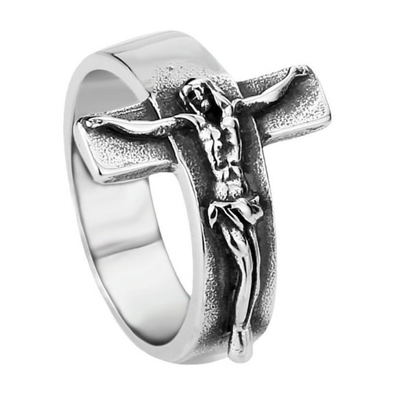 JAJAFOOK Men's Vintage Stainless Steel Jesus Cross Band Crucifix Ring,Silver 10