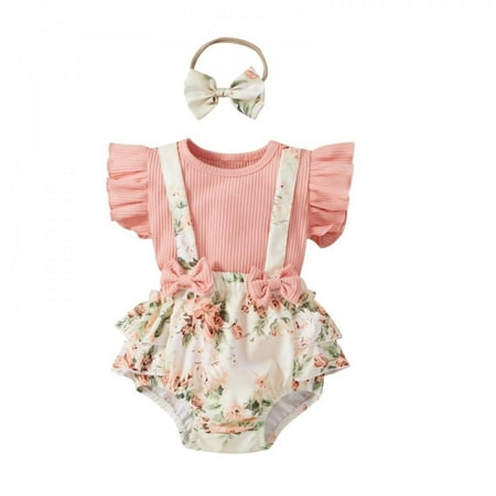 

Promotion!Newborn Baby Girls Clothes Sets Baby Cute Pit Flying Sleeve Shirt + Print Shoulder Strap Trousers + Hair Band Three-piece 0-24M