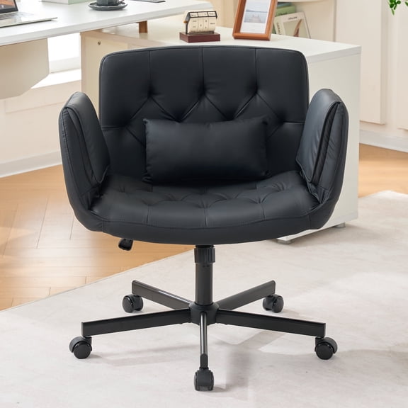 Criss Cross Chair with Armrests, Cross Legged Home Office Chair with Pillow, PU Leather Task Chair for Living Room, Bedroom, Game Room