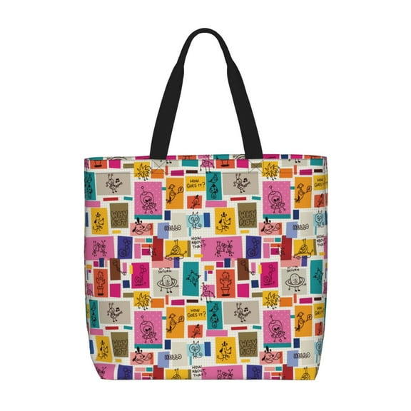 Pofeuu Cute Doodles Print Tote Bag for Women,Hobo HandBags with Zipper,Large Capacity Casual Shoulder Handbags with Inner Pockets