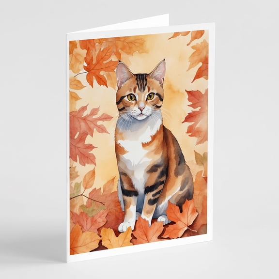 Carolines Treasures DAC7143GCA7P 5 x 7 in. Korean Bobtail Cat in Fall Leaves Greeting Cards - Pack of 8