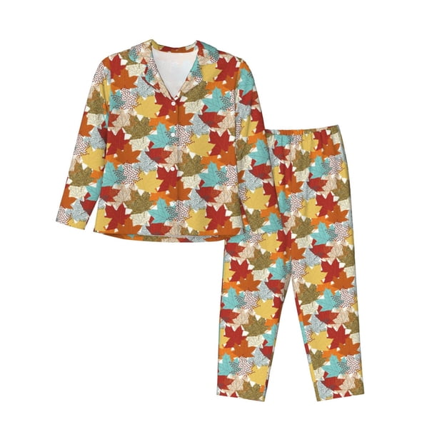 Balery Fall Maple Leaves Conjunto de Pijama con Estampado para Mujer, Conjunto de Dos Piezas con Manga Larga, Ropa de Dormir Suave con Bolsillos, Pijamas Cómodos-Medium