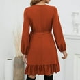 thumbnail image 4 of Lilgiuy Women Casual Solid Loose Straps Ruffled Hem Long Sleeve V-Neck Dress Orange Fall Dresses for 2022 Spring Winter, 4 of 5