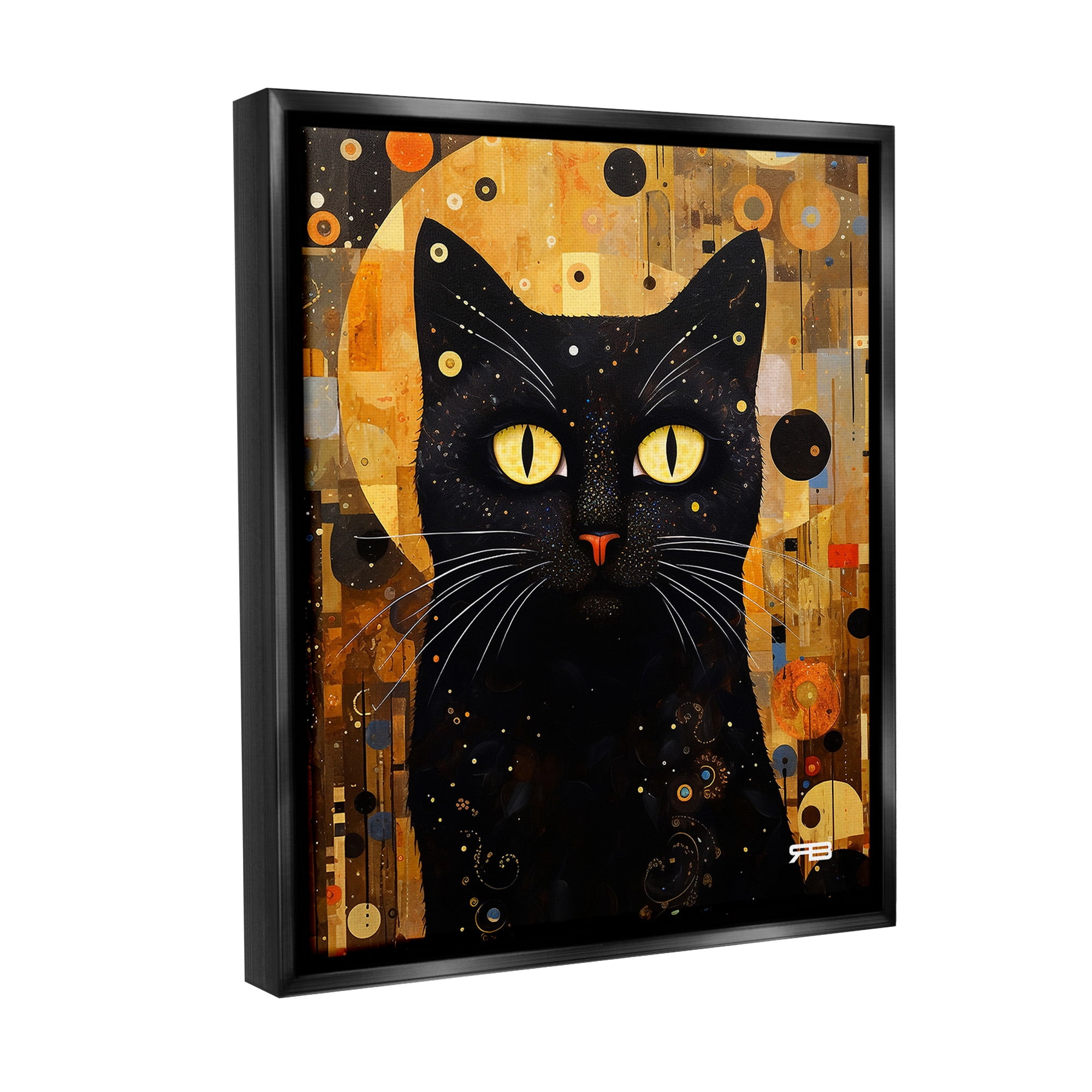 Stupell Industries Black Cat with Modern Pattern Animals & Insects Painting Black Floater Framed Canvas Art Print Wall Art, 25 x 31