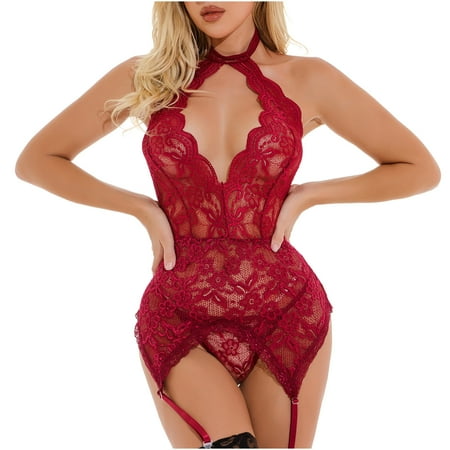 

Floleo Lingerie for Women Deals Ladies Cute Girl Solid Lace Halter Sexy Lingerie Perspective Lace Garter Belt Suit Valentines Day Gifts