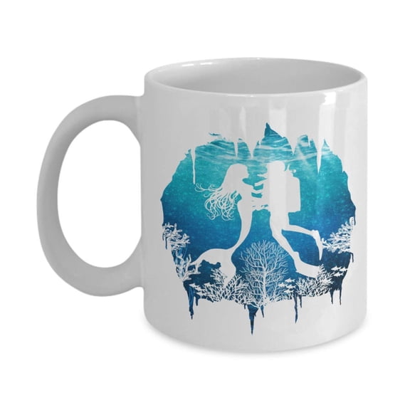 Under The Sea Silhouette Of A Scuba Diver Falling In Love With A Mermaid Romantic Graphic Novelty Coffee & Tea Gift Mug Cup For A Dive Instructor, Free-diver, Master Divers & Men Diving Enthusiasts