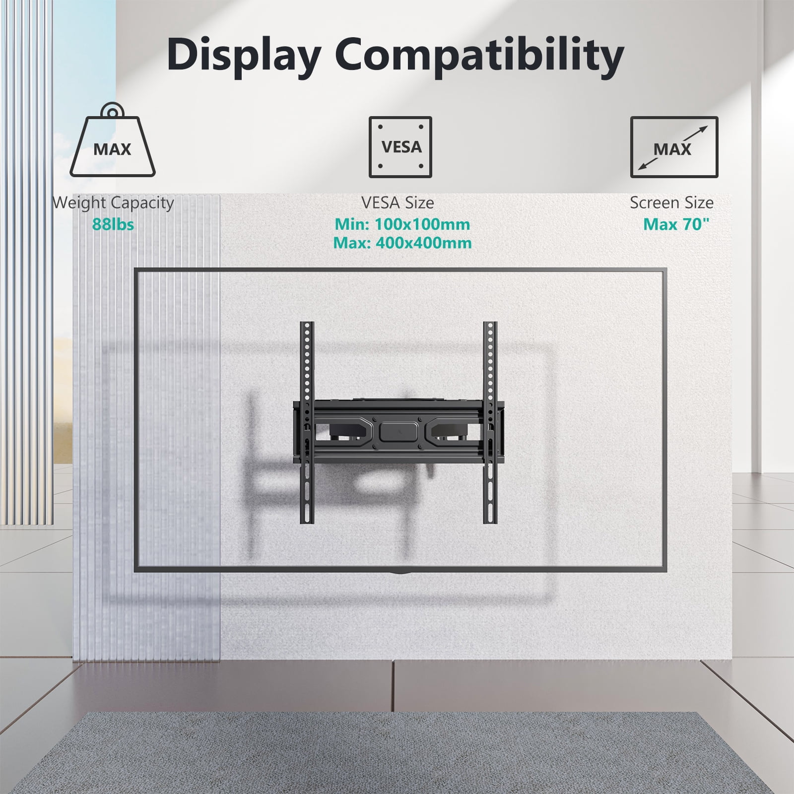 WALI TV Wall Mount for Most 32-70 inch Flat Curved TV, Full Motion Articulating Arm TV Bracket for LED, LCD, OLED Screen TVs up to 88lbs, Mounting Holes 400x400mm (FTM-2), Black
