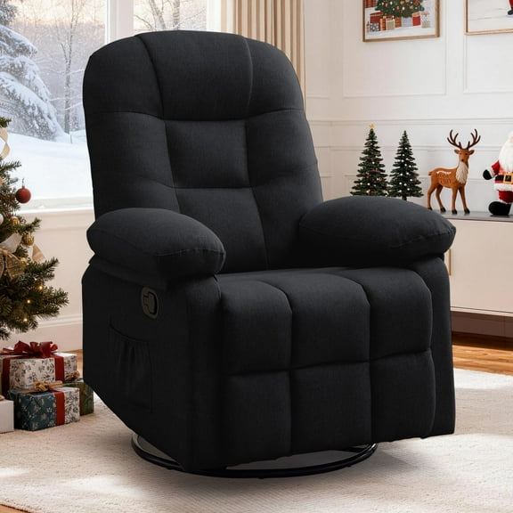 Korser Manual Swivel Rocker Recliner Chair for Living Room,Small Recliner Sofa for Small Spaces,Linen Fabric,Dark Black