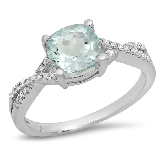 Dazzlingrock Collection 10K 7 MM Cushion Aquamarine & Round Diamond Ladies Swirl Engagement Ring, White Gold, Size 7