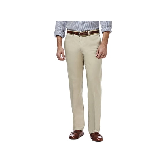 Haggar mens Premium No Iron Khaki Straight Fit Flex Waistband Flat Front Pant, Khaki, 34Wx30L