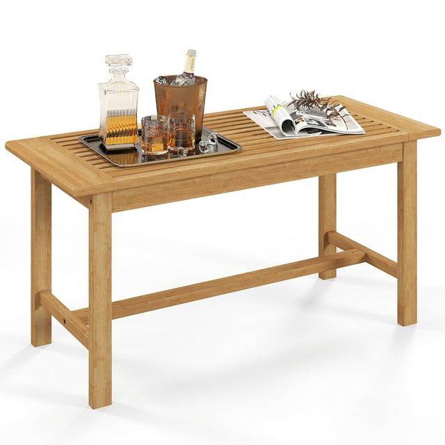 Gymax 36''Patio Coffee Table Solid Wood Coffee Table w/ Slatted Tabletop Natural
