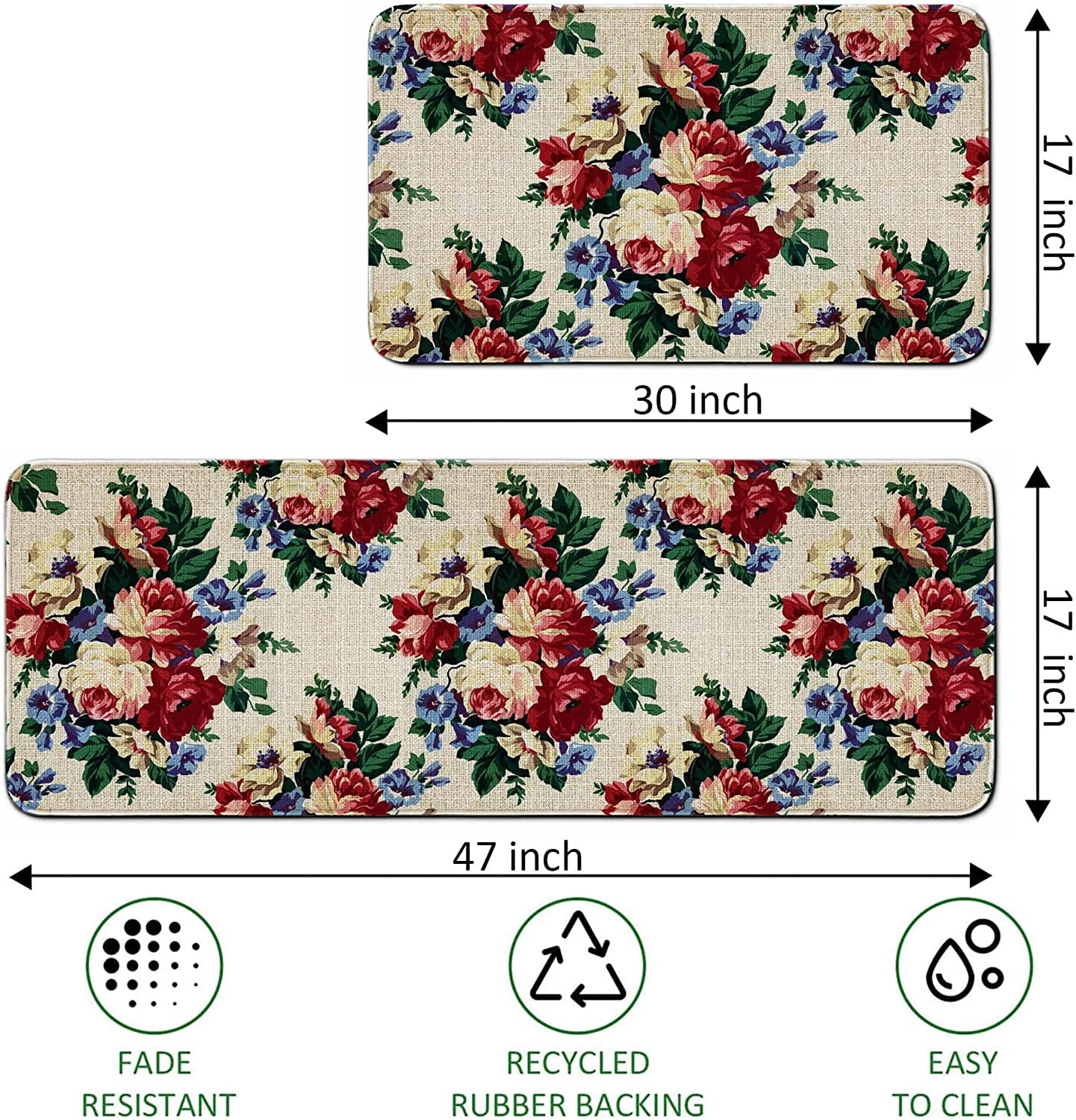 Kitchen Mats for Floor Set of 2 Pieces Kitchen Rugs and Mats Non Skid Washable Kitchen Floor Mat(17" Wx30 L+17" Wx 47" L Red Roses Floral)