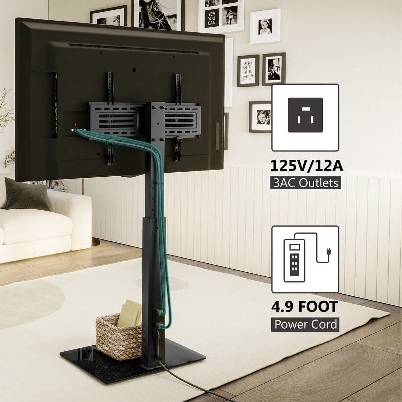 FITUEYES Modern Black Swivel Floor TV Stand with Power Strip for TVs up to 70 inch Metal Base