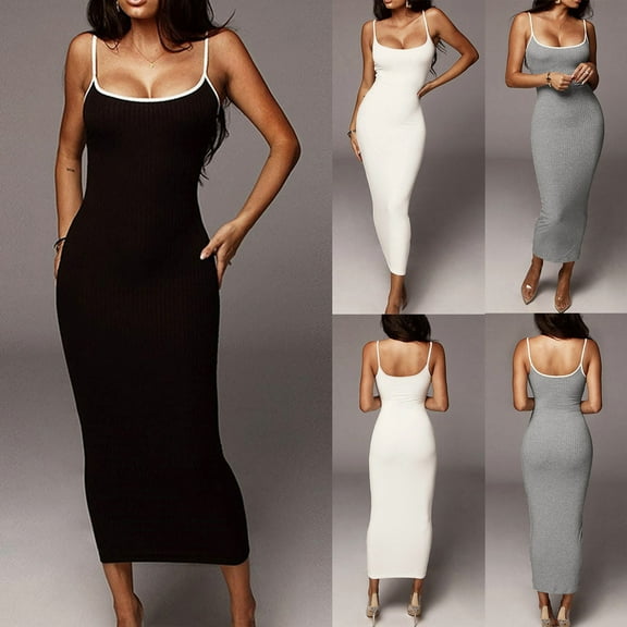 USSUMA Skirts for Women Trendy Summer Womens Dresses Sleeveless Square Neck Casual Camisole Wrap Skirt Slim Patchwork Maxi Dress Lounging Skirt Loose Skirts Birthday Up to 45% off Black Dress Size-L