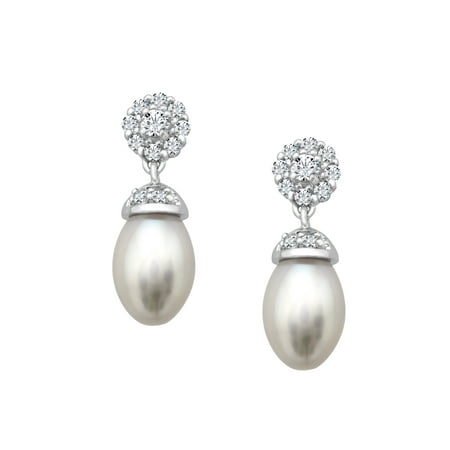 Freshwater Pearl and 1/2 ct White Topaz Drop Earrings in Sterling Silver