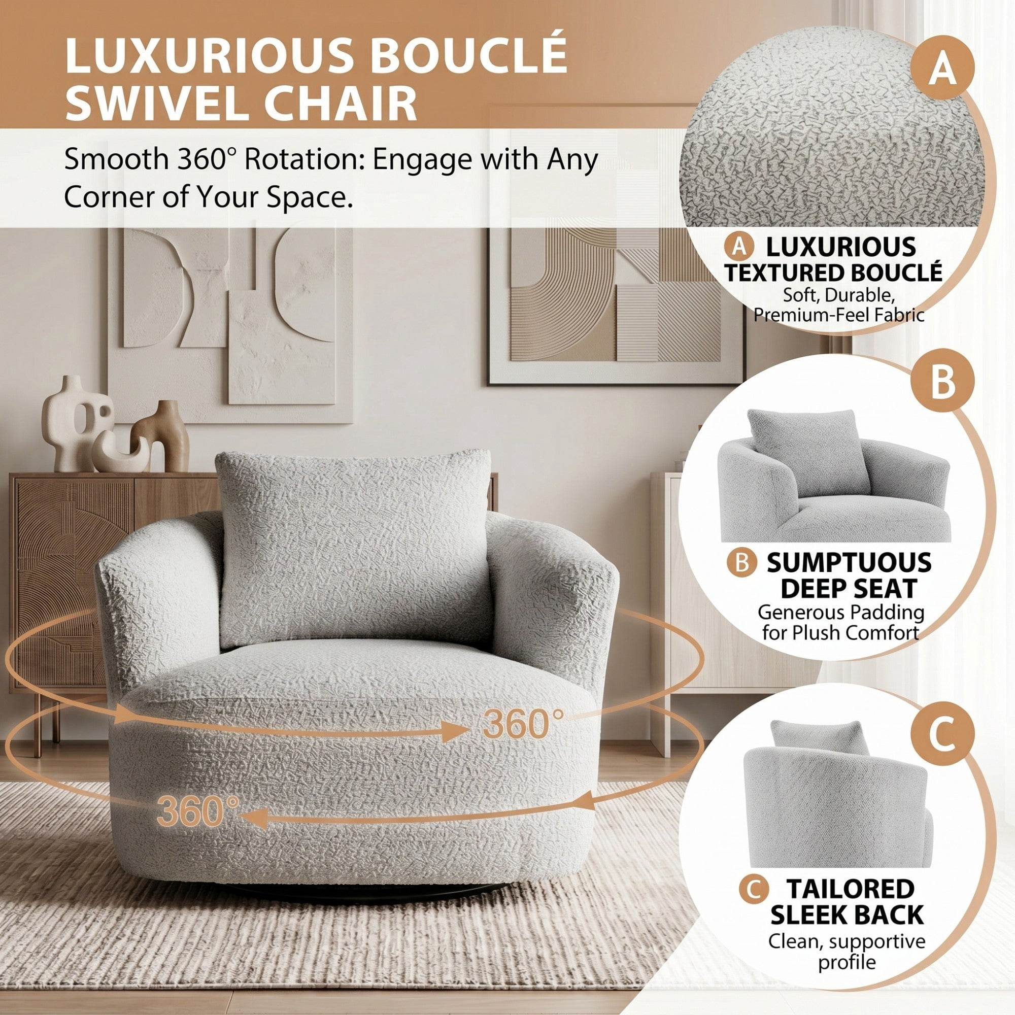 Sailvan 38.2" Swivel Accent Chair, Boucle Upholstered 360 Degree Barrel Sofa with Pillow for Living Room Light Grey
