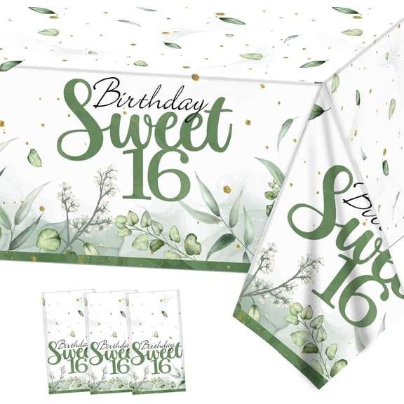 Xizondidi Sweet 16 Party Decorations 3Pack Sweet 16th Tablecloths Sage Green 16th Birthday Disposable Plastic Rectangle Table Cover, 71 x 43 In