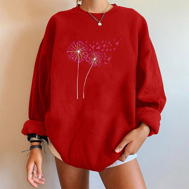 Jsaierl Sweatshirts de Sensibilisation au Cancer du Sein pour Femmes Imprimé Ruban Rose Pissenlit Pullovers Col Rond Manches Longues Tops Automne Décontracté Sweatshirt Ample