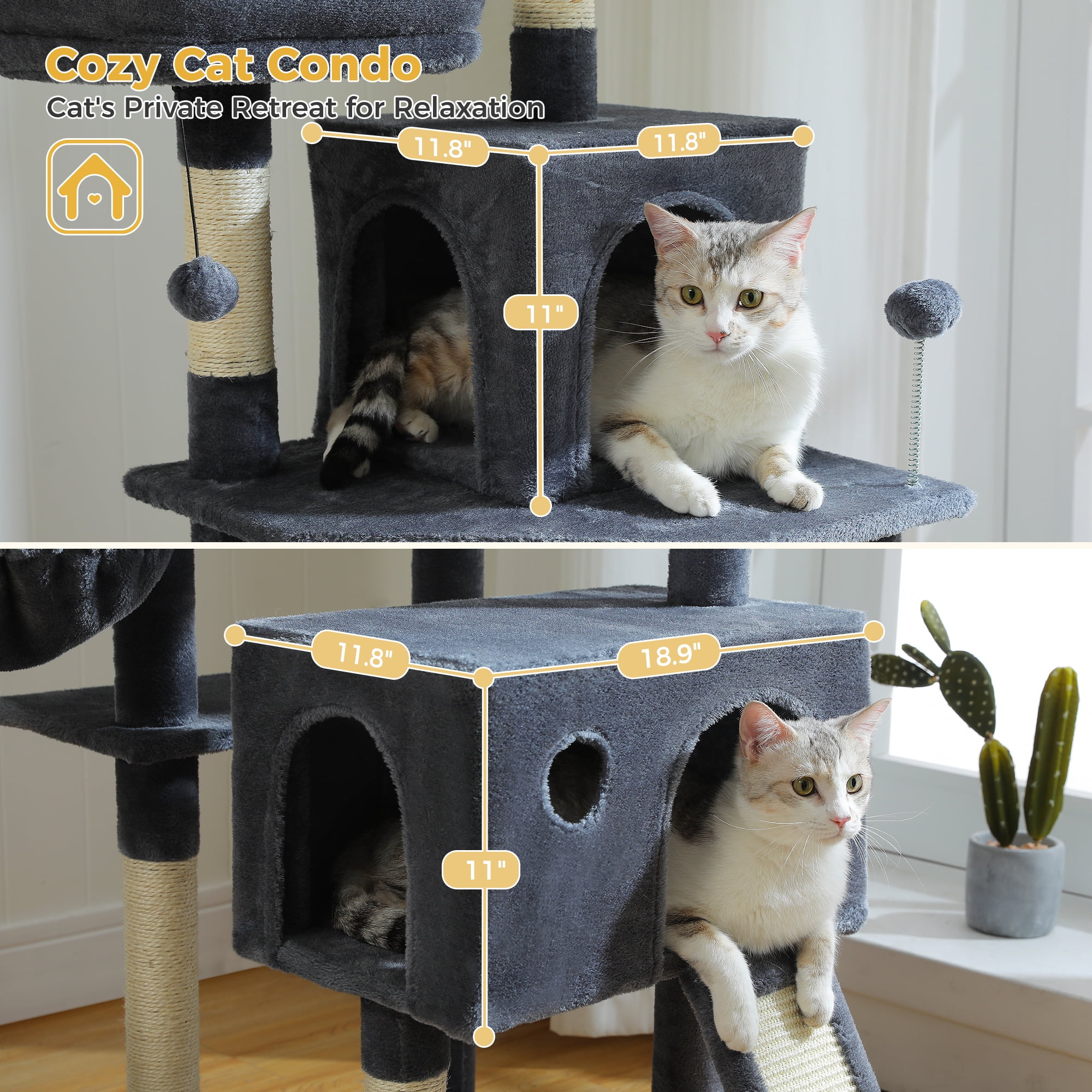 PAWZ Road 64" Cat Tree Large Cat Tower Condo Multi-Level Cat Scratching Post Tower for All Indoor Cats, Dark Gray