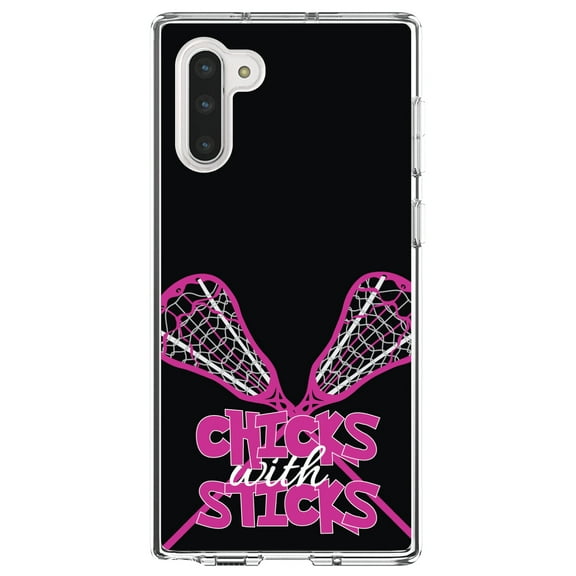 DistinctInk Clear Shockproof Hybrid Case for Samsung Galaxy Note 10 (6.3" Screen) - TPU Bumper, Acrylic Back, Tempered Glass Screen Protector - Hot Pink Lacrosse - Chicks with Sticks