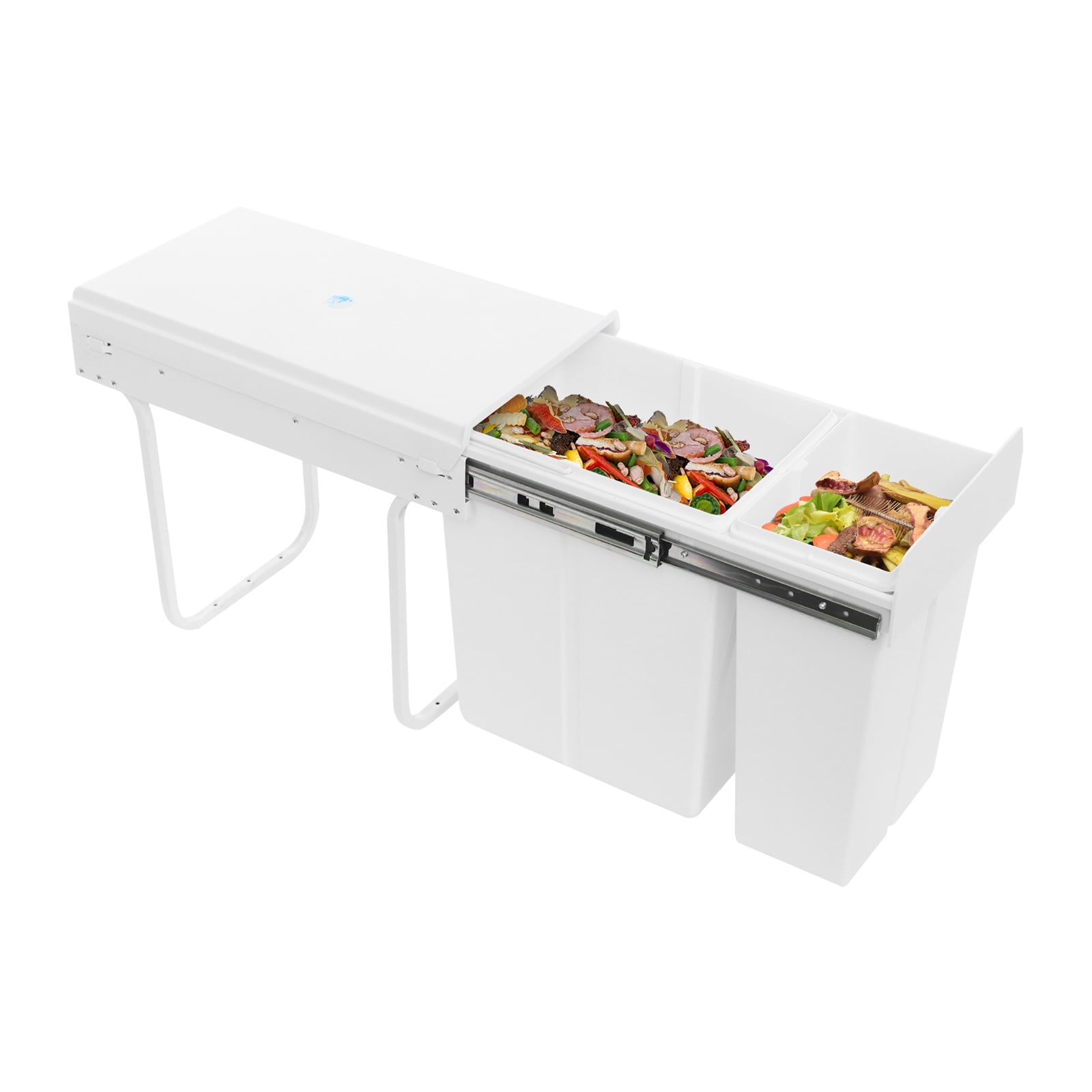 White Pull Out Trash Can Under Cabinet with Lid, 10L+20L(2.64+5.28Gal) Dual Bin Kitchen Garbage Can, Hidden Under Sink Trash Can with Ordinary Rail
