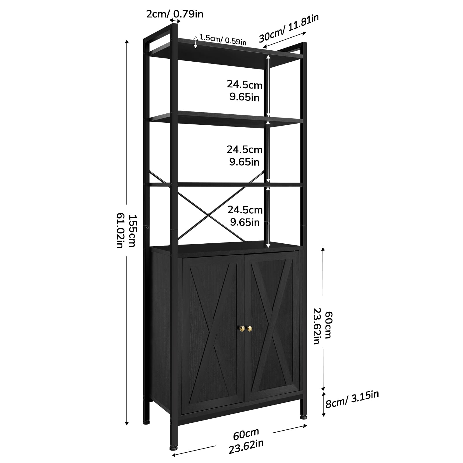 MONVANE Farmhouse Bookshelf and Bookcase with Doors, Crosshatch Design, 4 Shelves, 1 Pack, Black