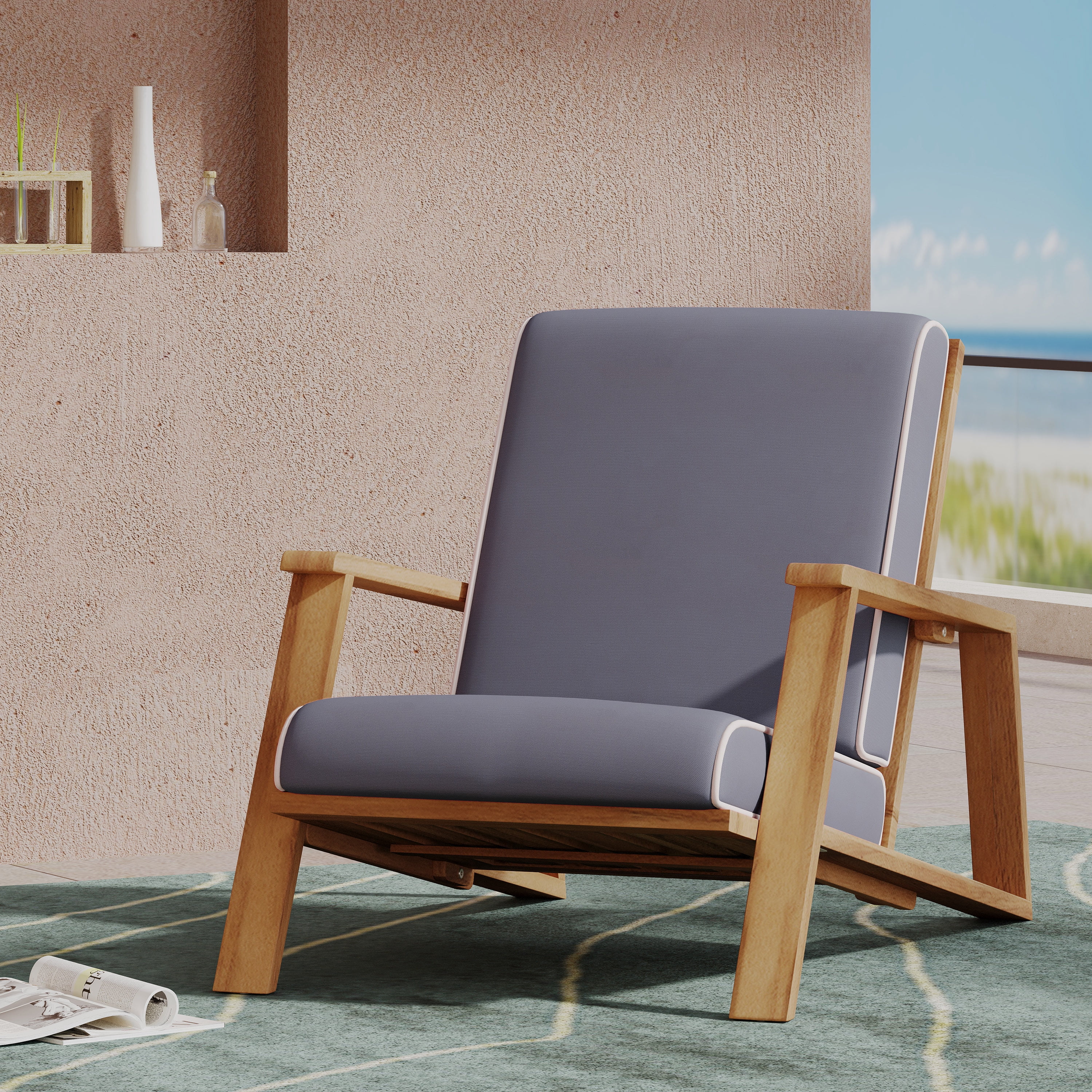 Outdoor Single Leisure Seat Chair, Acacia Wood Frame Relaxing Seat for Patio Garden, Teak and Dark Gray
