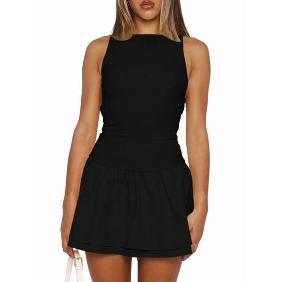 Women'S Bodycon Boat Neck Mini Dresses Sleeveless Ruched Ruffle Hem Club Party Short Dress Black L