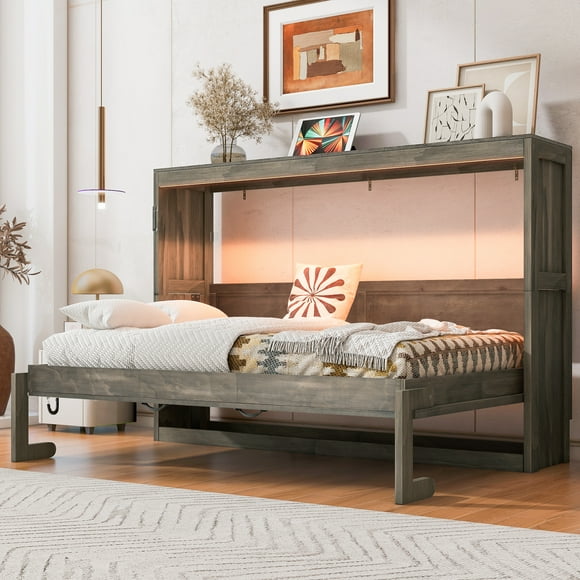 Murphy Bed with LED Light,can be Folded into a Cabinet,Hidden Wall Bed Cabinet,Brown
