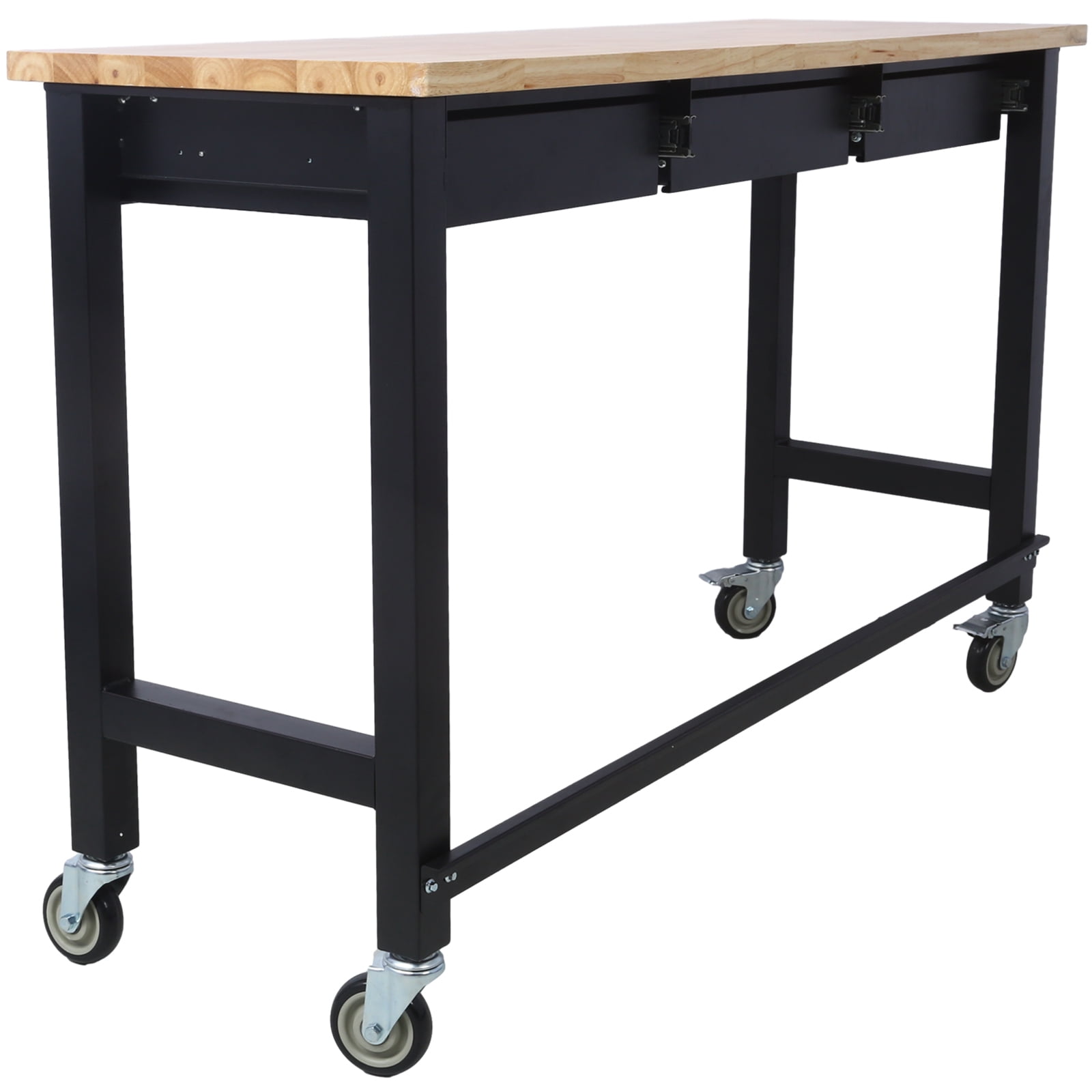60in Work Bench with Drawer Storage, Heavy Duty Bamboo Wood Work Table with Wheels for Garage Home Office