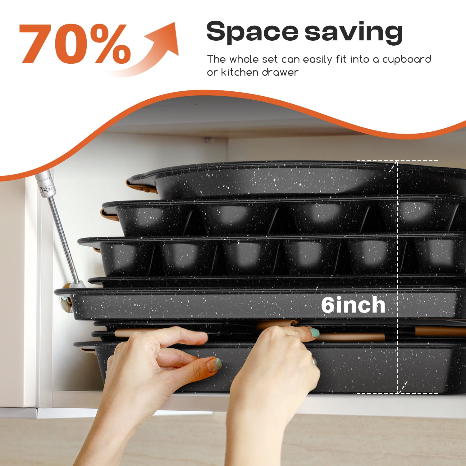 Slow Slog Nonstick Bakeware Set, 14-Piece Baking Pans Set, Stackable Baking Sheet Pans with Silicone Handles, Khaki&Black