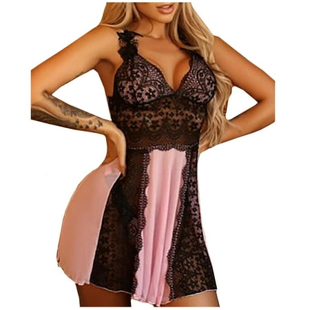 Penkiiy New Embroidered Mesh Lace Hollow Out Cross Backless Babydoll Nightdress Pajamas Garters for Weddings XXXL Pink on Clearance