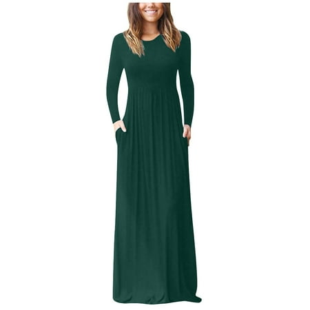 LINMOUA Women Long Sleeve Loose Plain Maxi Pockets Dresses Casual Long Dresses